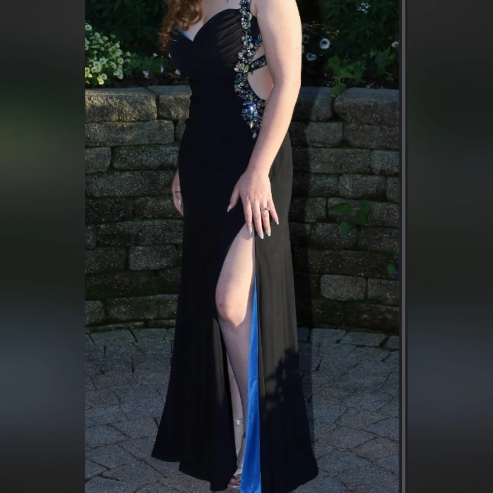 Women's Black & Royal Blue Beaded Jaoy Couture Floor Length Dress - Picture 5 of 16